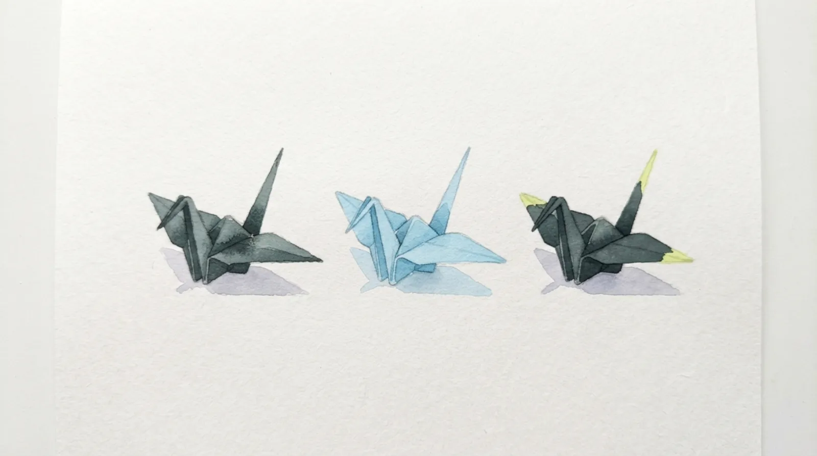 Watercolor illustration of three origami paper cranes waiting in a row