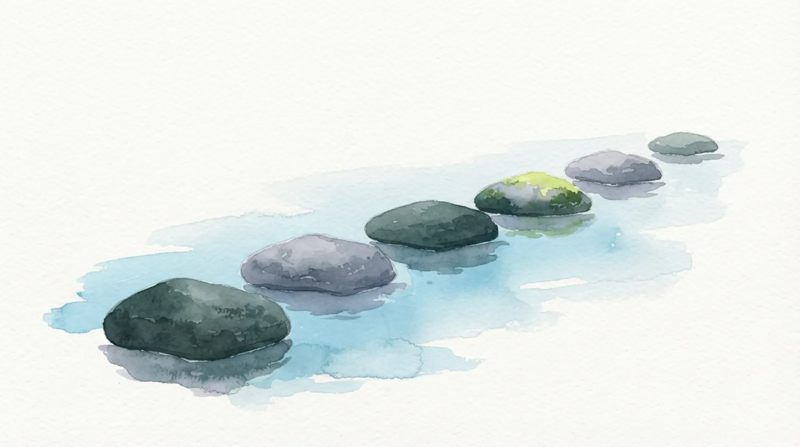Watercolor illustration of five stepping stones crossing calm water