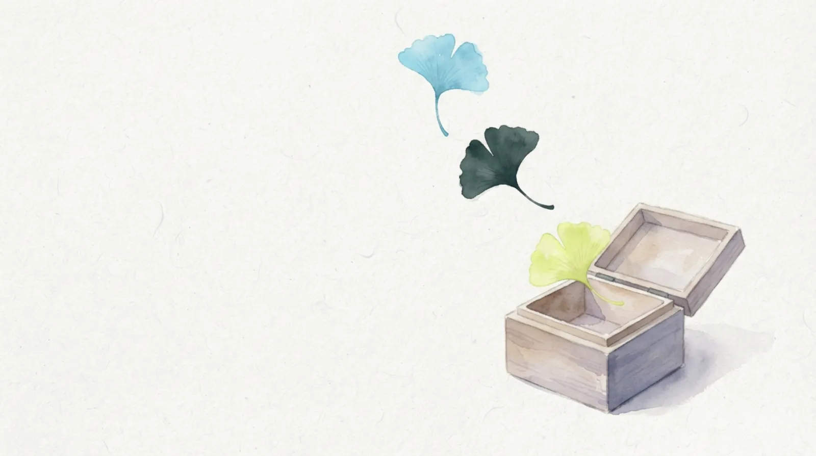 Watercolor illustration of ginkgo leaves drifting into a small open wooden box