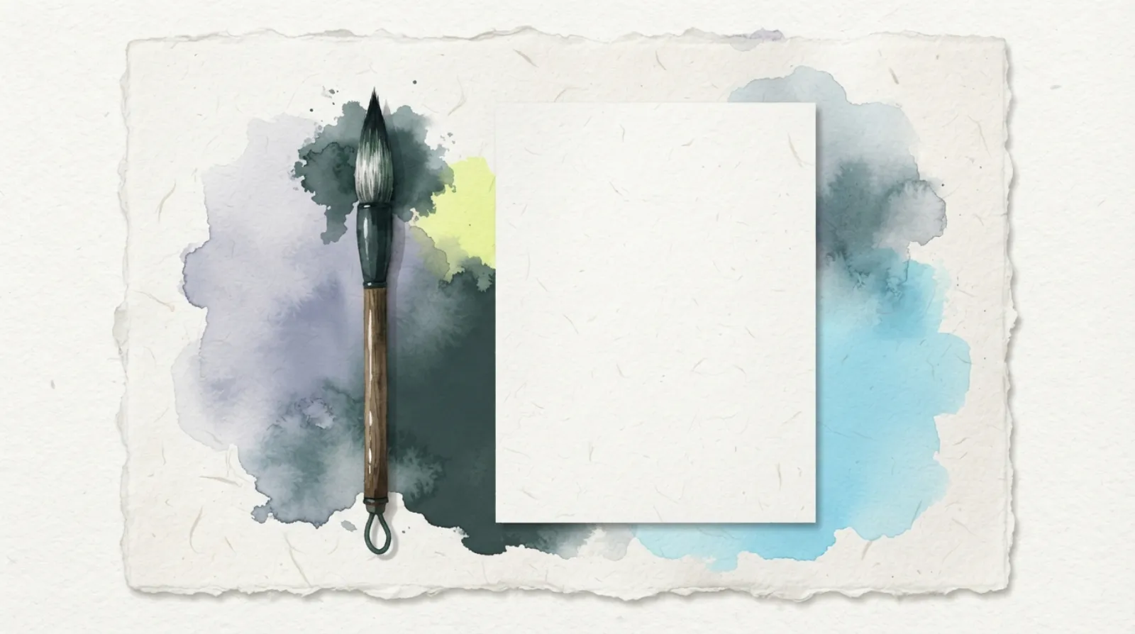 Watercolor illustration of a calligraphy brush beside a blank sheet of paper