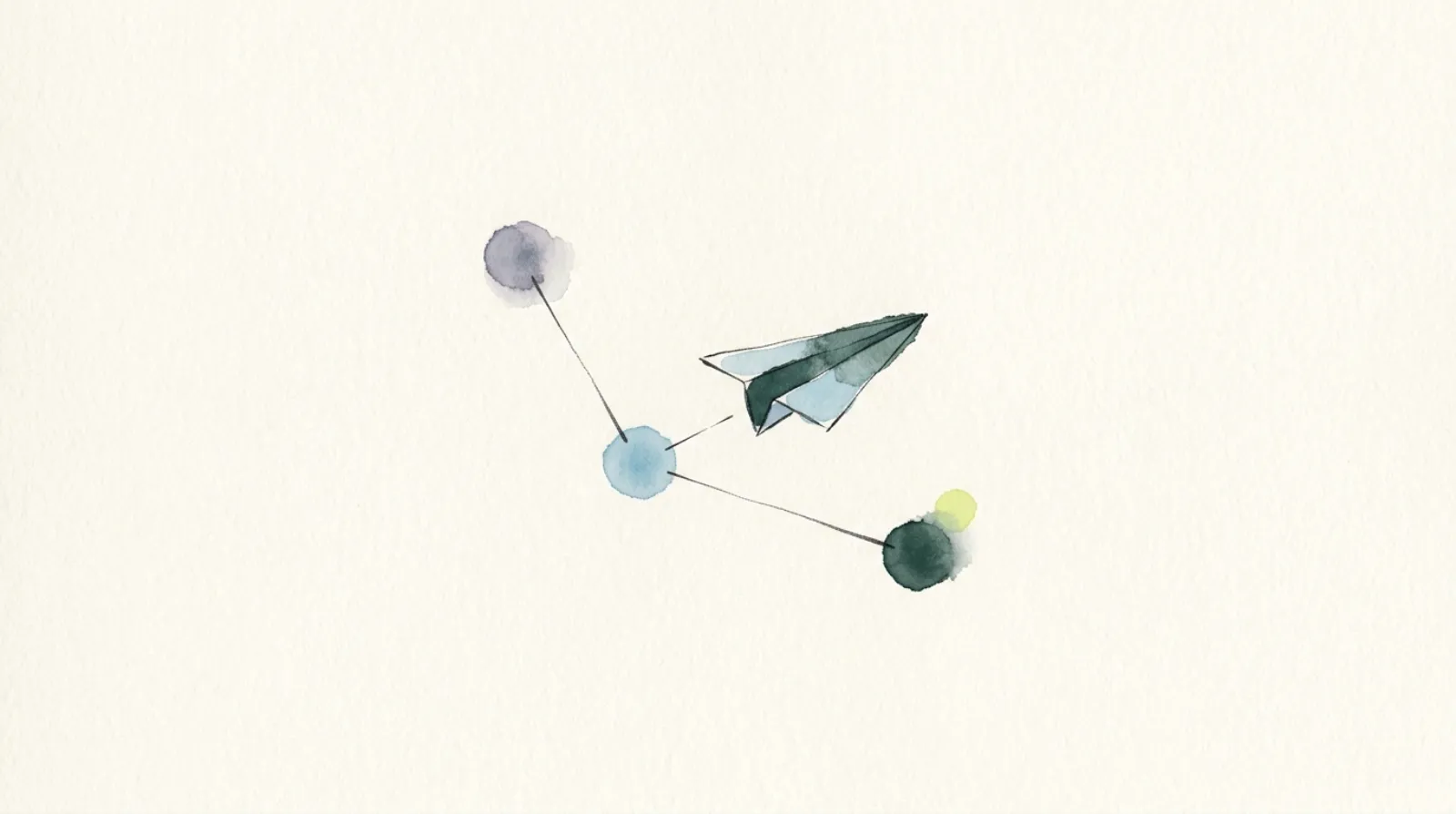 Watercolor illustration of a small paper airplane gliding between three connected dots