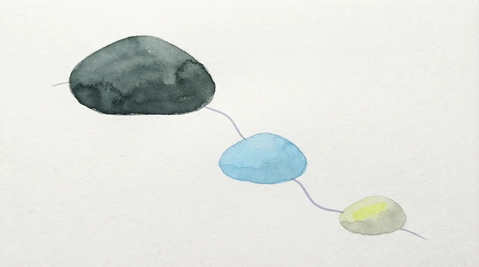 Watercolor illustration of three graduated zen stones — large, medium, and small — connected by a single fine ink line