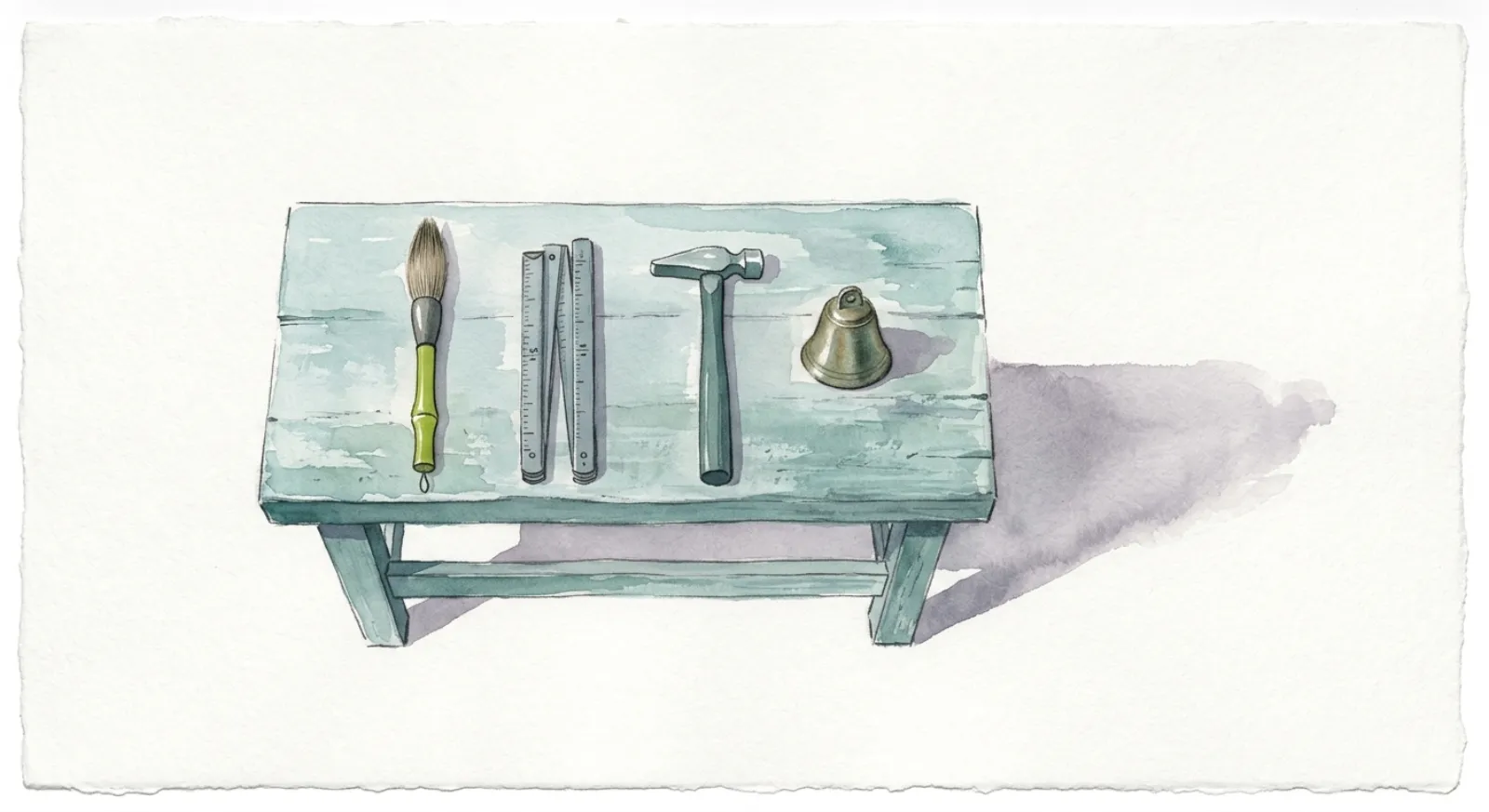 Watercolor illustration of a wooden workbench with four distinct tools laid out in a row, each casting a long shadow