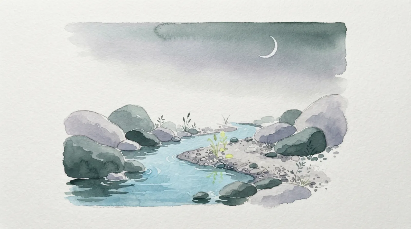 Watercolor illustration of a stream flowing between stones under a crescent moon