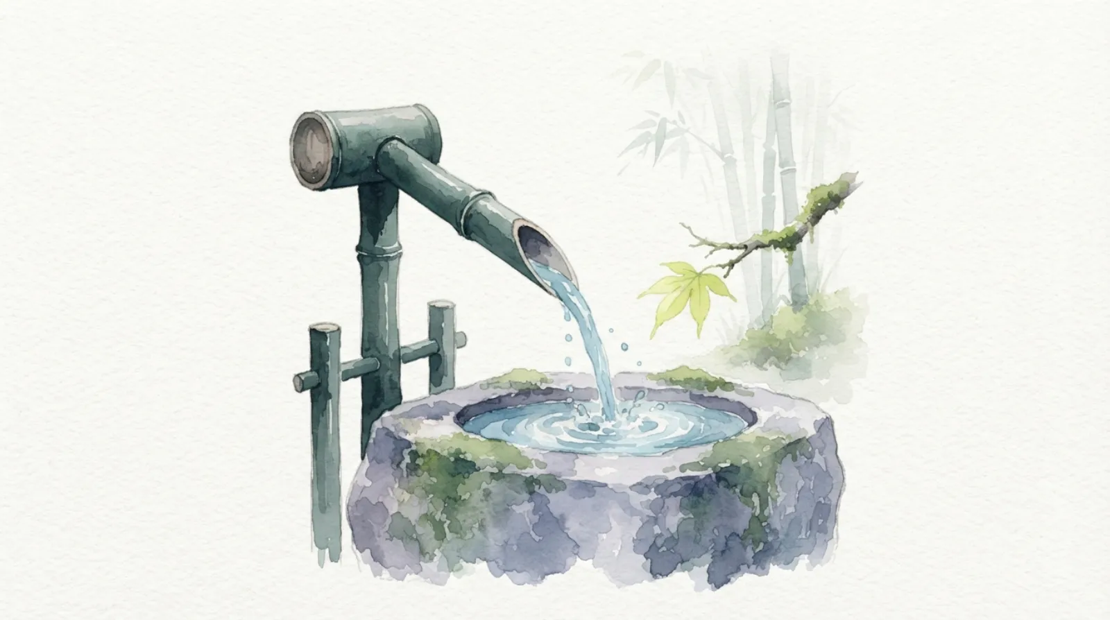 Watercolor illustration of a bamboo water fountain tipping over a stone basin