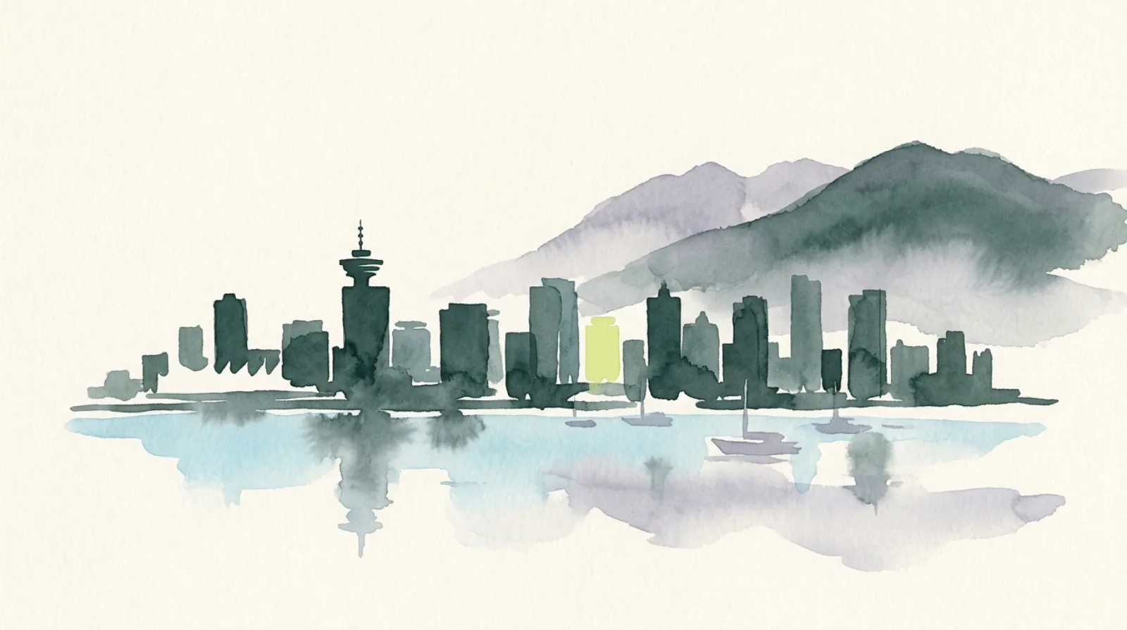 Minimal watercolor illustration of the Vancouver downtown skyline reflected on the harbour, with the North Shore mountains layered behind
