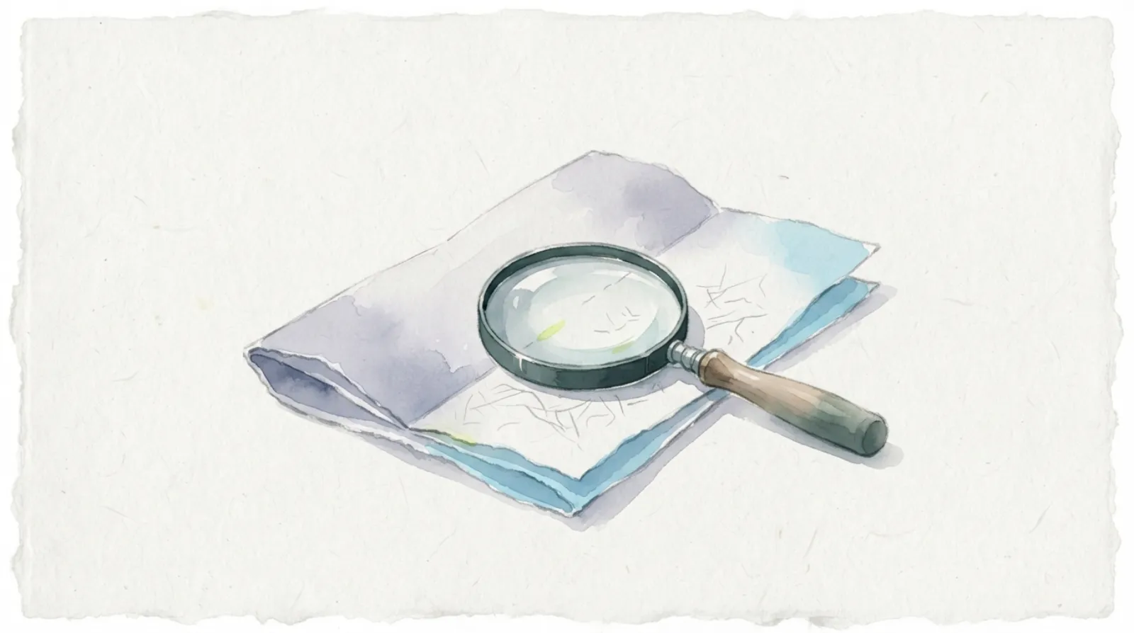 Watercolor illustration of a magnifying glass resting on a folded sheet of paper