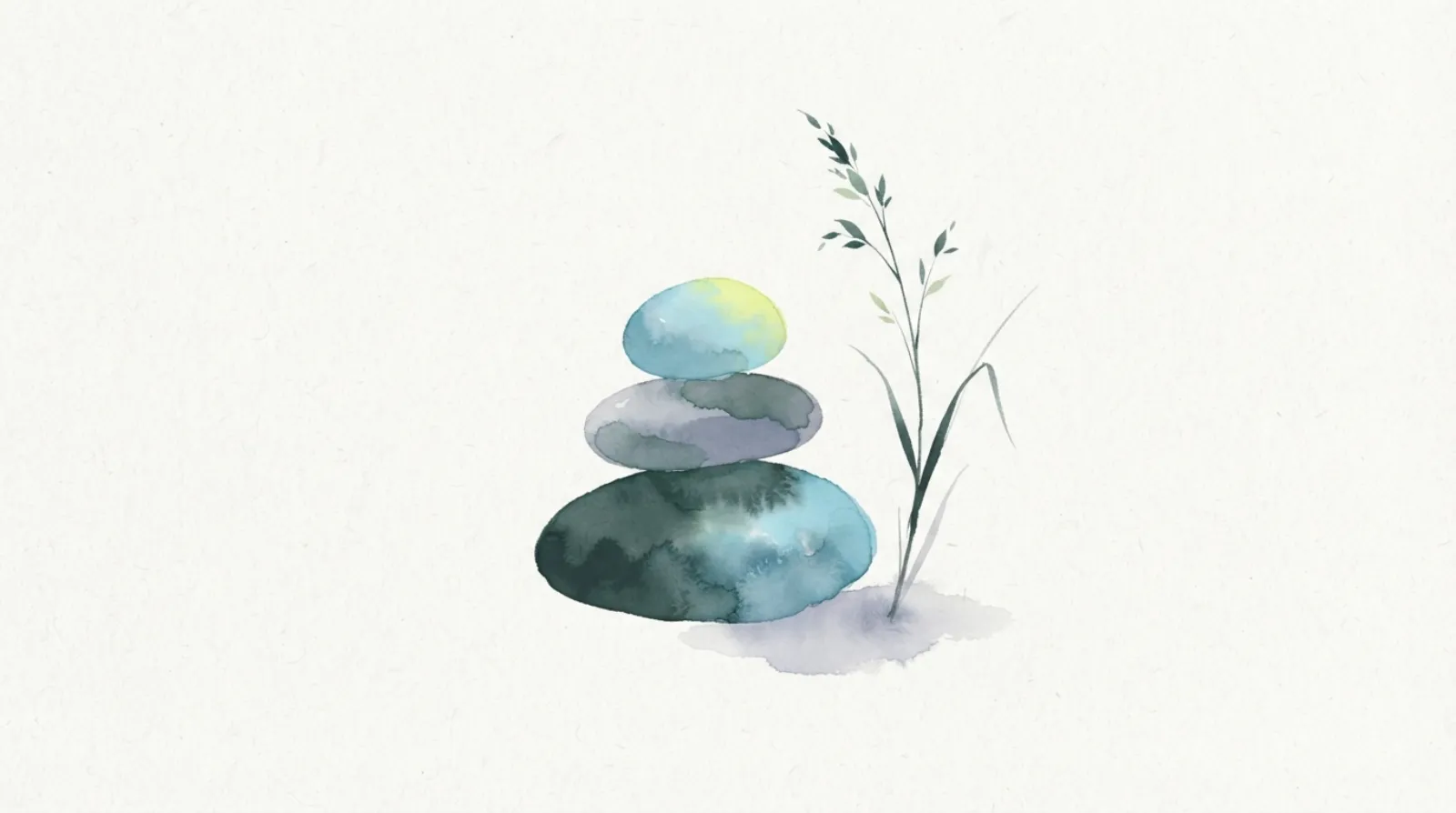 Watercolor illustration of three stacked stones beside a single stem of grass