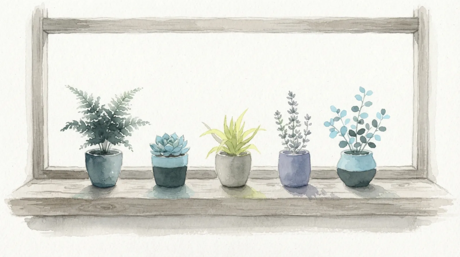 Watercolor illustration of five small potted plants in a row on a windowsill