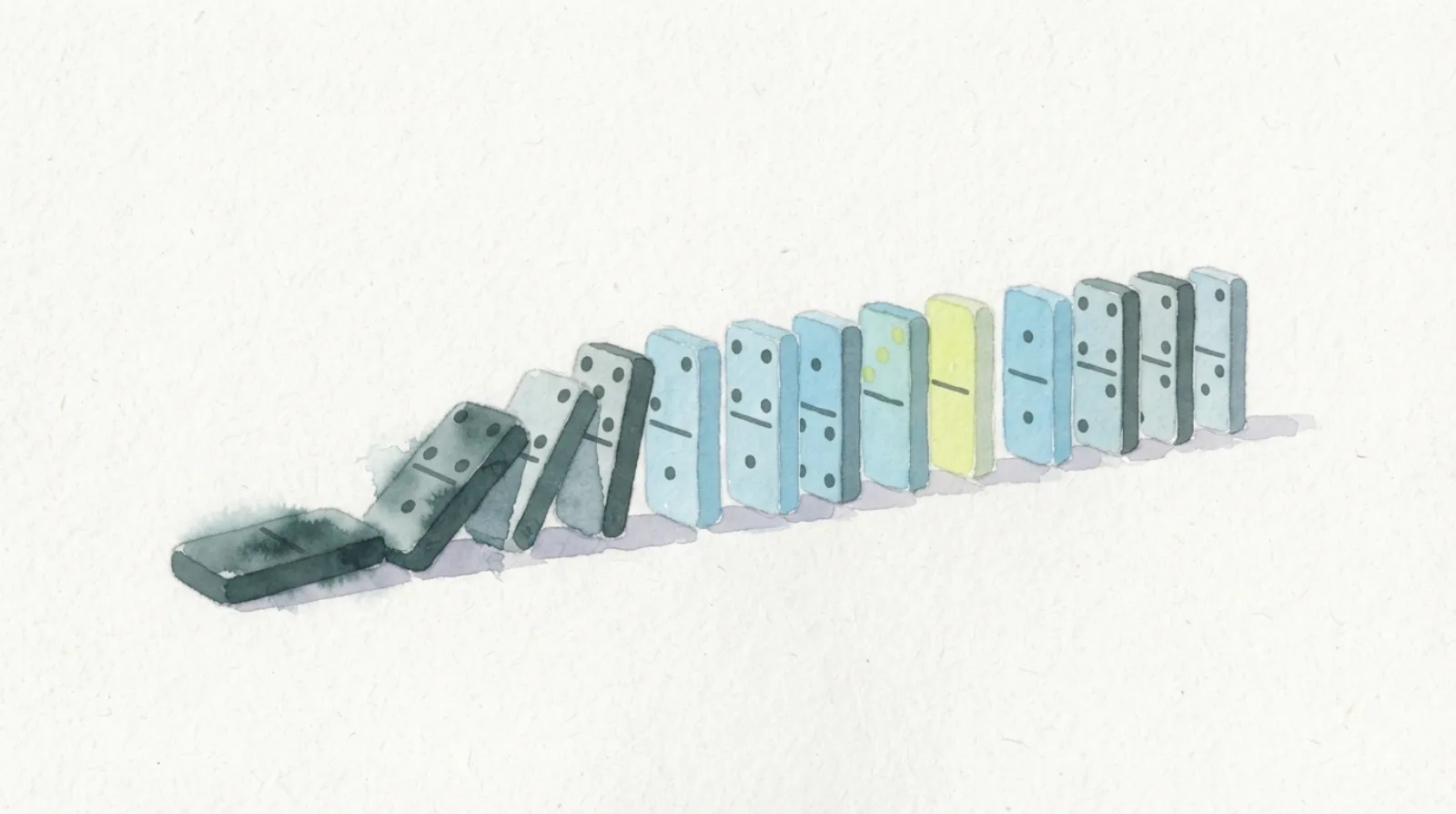 Watercolor illustration of a row of dominoes with the first few tipped over